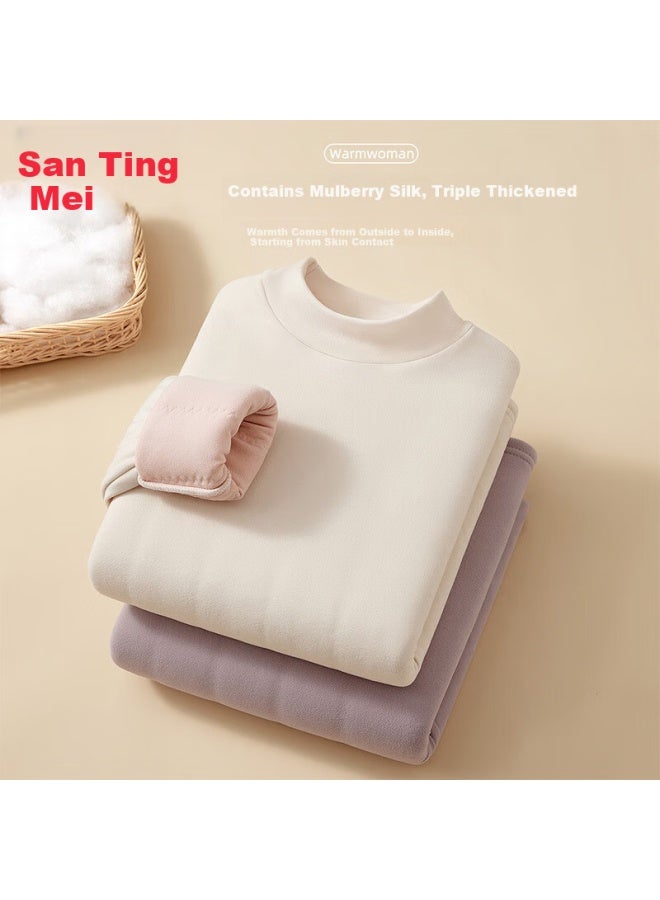 GRACEWELL Tingmei [triple Silk] Fleece-lined Thickened Half Turtleneck Base Layer Top Women's Autumn Winter Thermal Underwear Shirt - Image 3