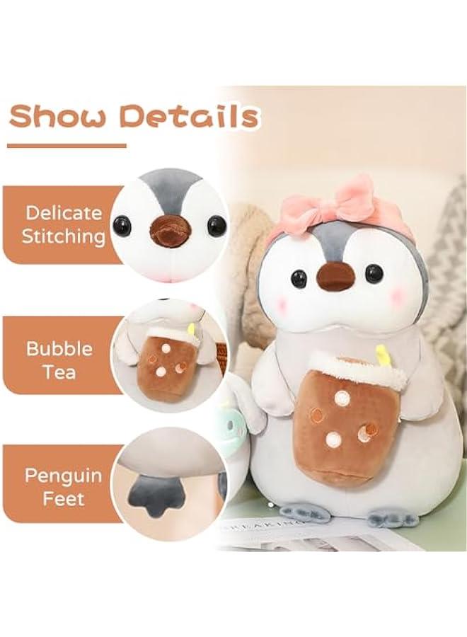 Cute Plush Penguin Stuffed Animal Pillow, 9.8 Soft Kawaii Penguin Plushies with Boba Bubble Tea Outfit Gifts for Kids  - Image 2