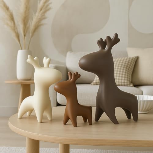 LADROX Home Décor Elk Family Matte Finish Ceramic Figurines - (Set of 3, Matte Brown) - Image 1