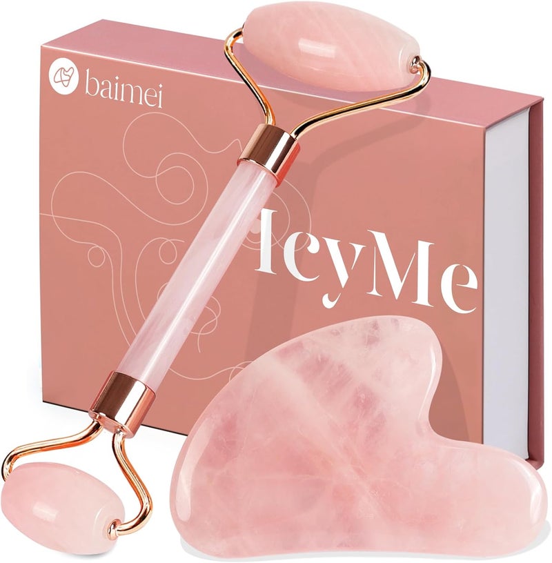 BAIMEI Rose Quartz Jade Roller & Gua Sha Set - Image 1