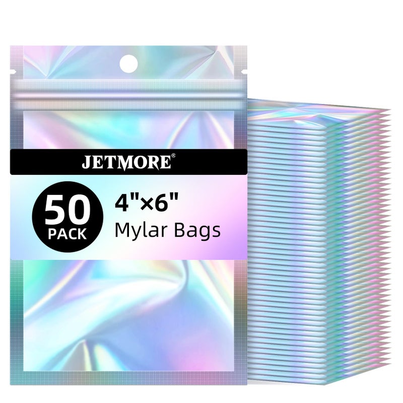 JETMORE Mylar Bags, 50 PCS Resealable Bags-4x6in, Holographic Bags for Travel Accessories, Stationery, Little Bag for Nails, Sealable Bag with Window, Display Holes, Dispensary Packaging on Demand - Image 1
