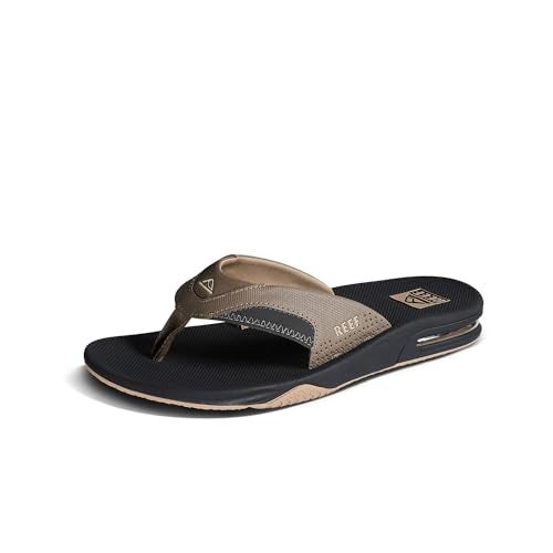 REEF Fanning Mens Bottle Opener Flip Flop, Arch Support, Durable Outsole, Water Friendly, Fossil/Raven, 4 - Image 1