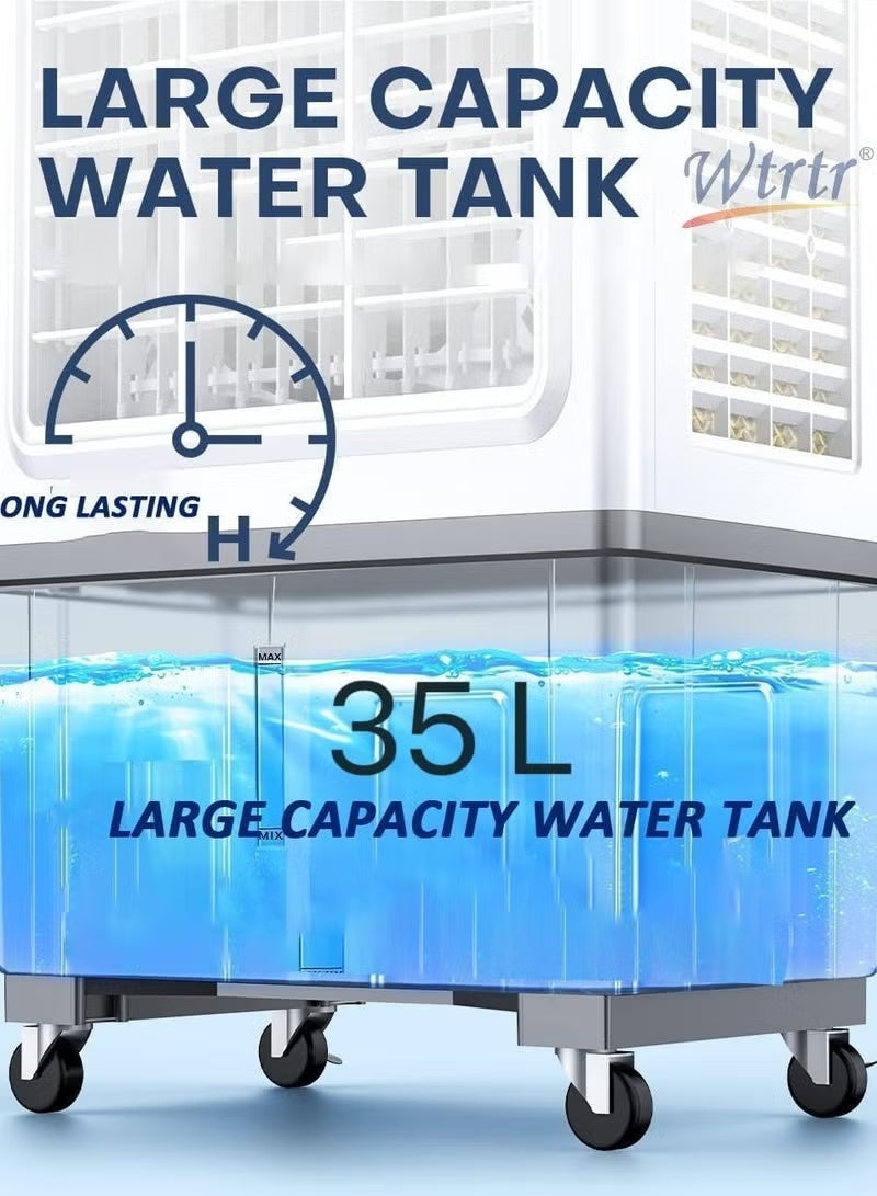 وترتر مبرد هواء تجاري من Wtrtr سعة 35 لترًا - مبرد هواء تبخيري محمول بقوة 160 واط مع تحكم بثلاث سرعات، وتدفق هواء بزاوية واسعة، وأكياس ثلج وعجلات للاستخدام المنزلي والمكتبي والخارجي - Image 2