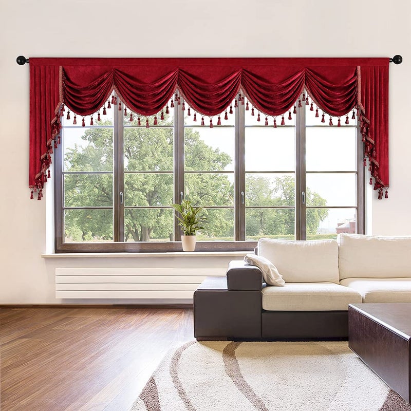 ELKCA ELKCA Burgundy Red Valance for Festival Holiday Thick Chenille Window Curtains Valance for Living Room Rod Pocket(W138 1 Panel)  - Image 1