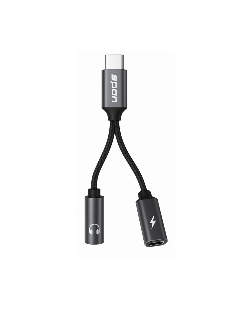 SPON Type-C to 3.5mm AUX + Type-C Charging Adapter (10cm, Y Shape) – Audio & PD Charging Splitter Cable  - Image 1