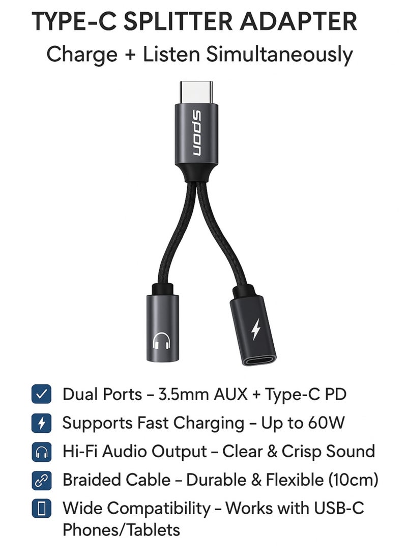 SPON Type-C to 3.5mm AUX + Type-C Charging Adapter (10cm, Y Shape) – Audio & PD Charging Splitter Cable  - Image 3