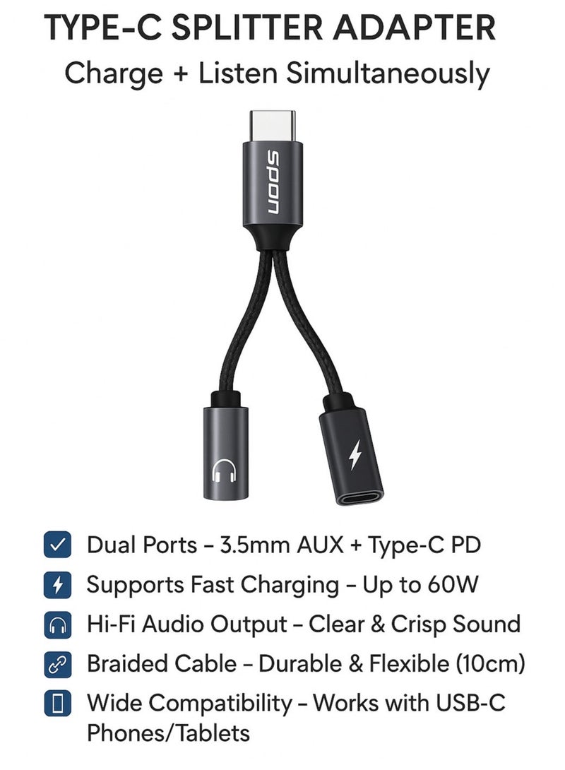 SPON Type-C to 3.5mm AUX + Type-C Charging Adapter (10cm, Y Shape) – Audio & PD Charging Splitter Cable - Image 4