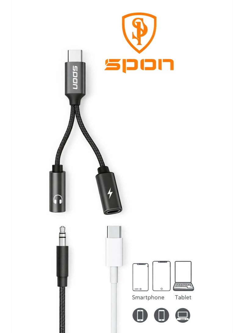 SPON Type-C to 3.5mm AUX + Type-C Charging Adapter (10cm, Y Shape) – Audio & PD Charging Splitter Cable - Image 1