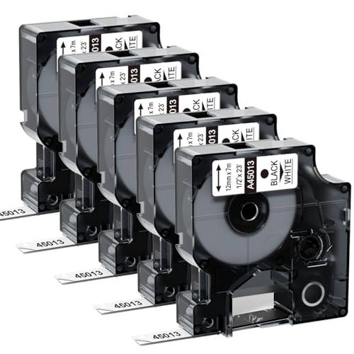 Labelife 45013 Replace for DYMO D1 Label Tape 1/2 Inch x 23Ft A45013 Black on White 45013s S0720530 Label Maker Refills Compatible with Dymo Labelmanager 160 LM 280 210D 360D 420P, 5-Pack - Image 1