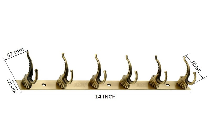 FAST CH16 Elephant Deluxe Brass Antique Wall & Door 2 3 4 6 Hanging Multi Pin Hooks for Hanging Clothes, Towel, and Coat Hook (6 Double Hanging Hooks 1 PCS) - Image 2