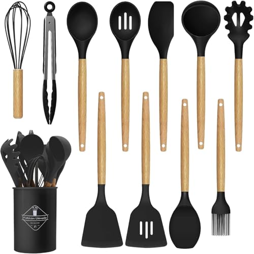 MOBDESK Silicone Cooking Utensils Set - 446°F Heat Resistant Silicone Kitchen Utensils for Cooking, Kitchen Utensil Spatula Set Wooden Handles and Holder for Non-Stick Cookware, BPA Free (Black) - Image 1