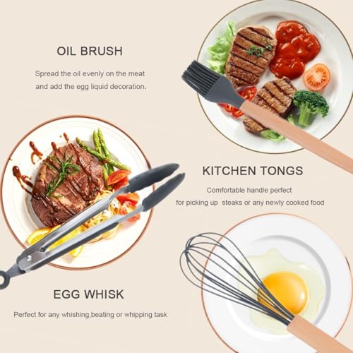 MOBDESK Silicone Cooking Utensils Set - 446°F Heat Resistant Silicone Kitchen Utensils for Cooking, Kitchen Utensil Spatula Set Wooden Handles and Holder for Non-Stick Cookware, BPA Free (Black) - Image 5
