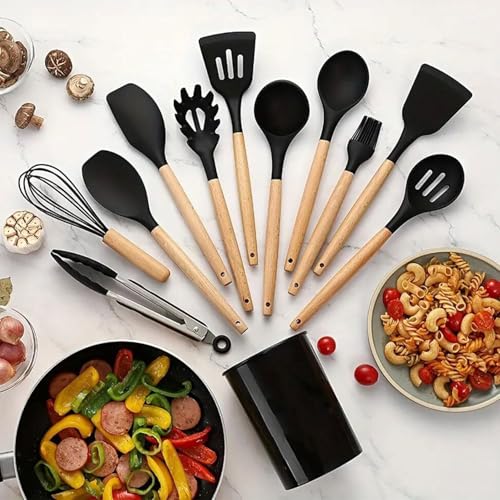 MOBDESK Silicone Cooking Utensils Set - 446°F Heat Resistant Silicone Kitchen Utensils for Cooking, Kitchen Utensil Spatula Set Wooden Handles and Holder for Non-Stick Cookware, BPA Free (Black) - Image 2
