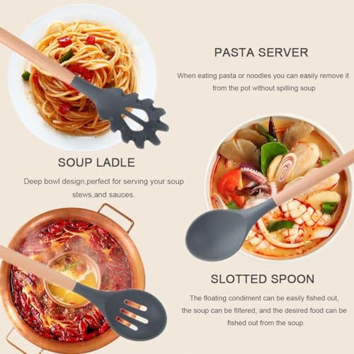 MOBDESK Silicone Cooking Utensils Set - 446°F Heat Resistant Silicone Kitchen Utensils for Cooking, Kitchen Utensil Spatula Set Wooden Handles and Holder for Non-Stick Cookware, BPA Free (Black) - Image 3