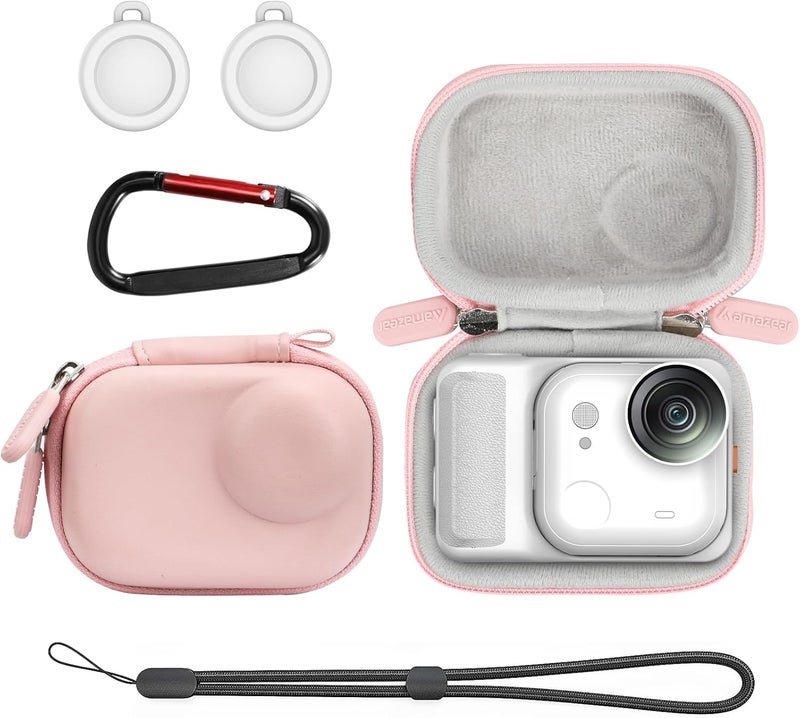 AMAZEAR Carry Case for Insta360 Go Ultra Accessories, Insta 360 Go-Ultra Portable and Compact Travel Bag Hard Leather Case with Soft Inner for Protection, Organization, and Storage, Pink, for Single - Image 1