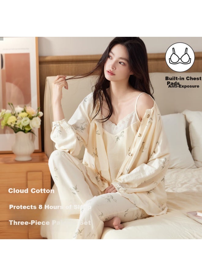 Your Sun Yiershuang Women's Sleepwear Set Spring Autumn Long Sleeve Cardigan Camisole With Chest Pad Loose Comfortable Outerwear - Image 1