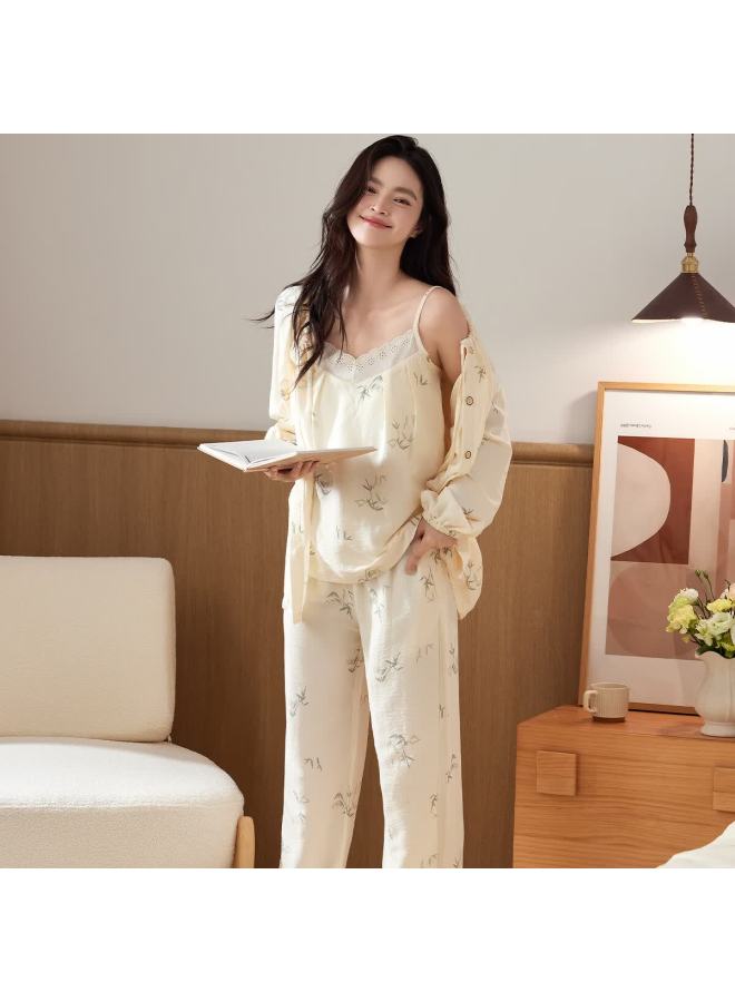 Your Sun Yiershuang Women's Sleepwear Set Spring Autumn Long Sleeve Cardigan Camisole With Chest Pad Loose Comfortable Outerwear - Image 5