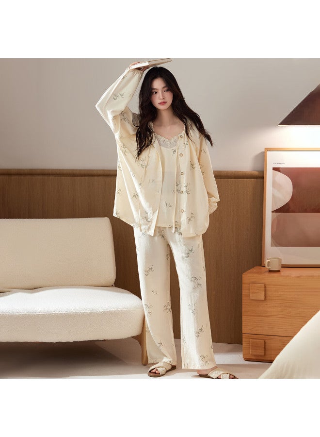 Your Sun Yiershuang Women's Sleepwear Set Spring Autumn Long Sleeve Cardigan Camisole With Chest Pad Loose Comfortable Outerwear - Image 4