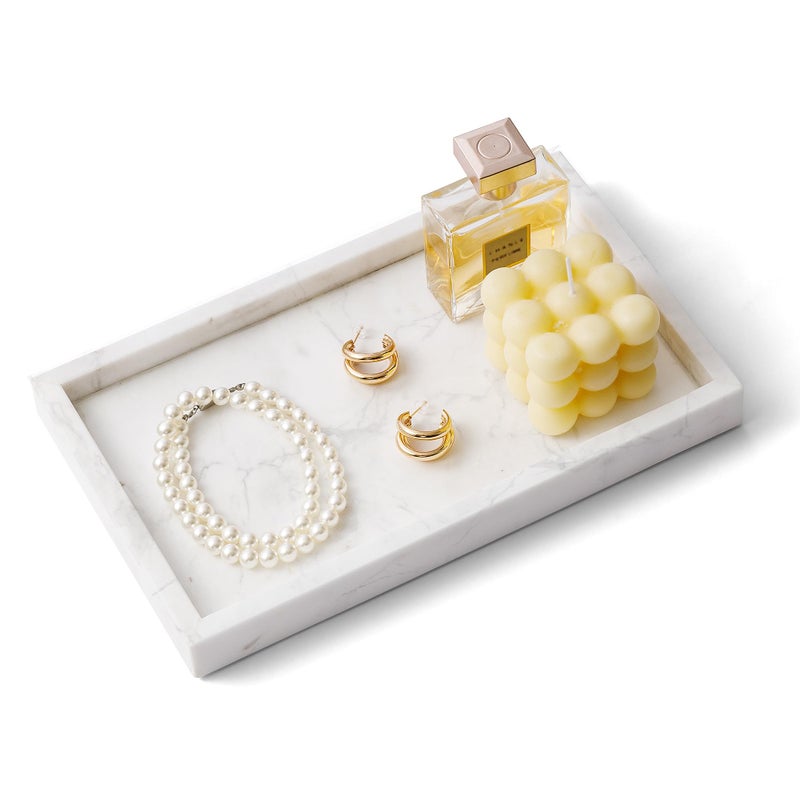 WORHE Italy Marble Vanity Tray for Jewelry Perfume Makeup CandleTowel Natural Modern Decorative Trays for Bathroom Bedroom Dresser Rectangle Kitchen Storage Organizer for Home Decor White FX031