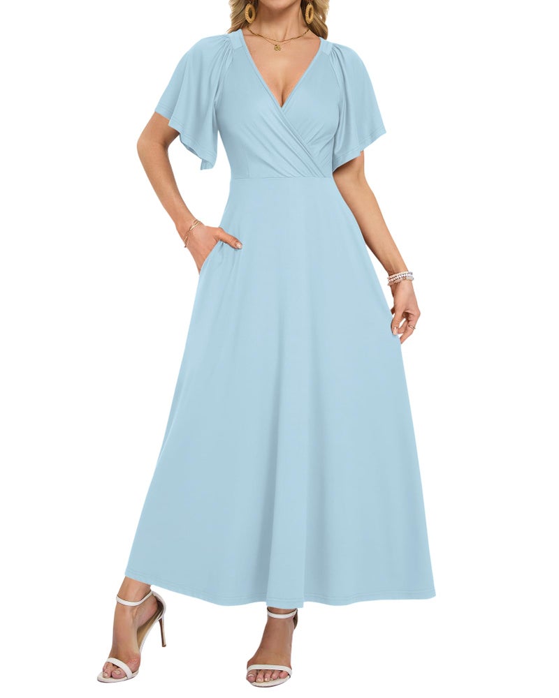 AUSELILY Summer Maxi Dresses Women 2026 Wrap Deep V Neck Flowy Beach Dresses Ruffle Sleeve Maternity Dress with Pockets Sky Blue L - Image 1