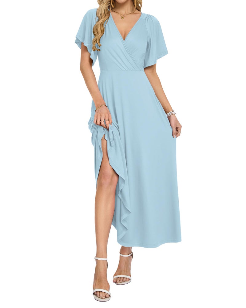 AUSELILY Summer Maxi Dresses Women 2026 Wrap Deep V Neck Flowy Beach Dresses Ruffle Sleeve Maternity Dress with Pockets Sky Blue L - Image 2
