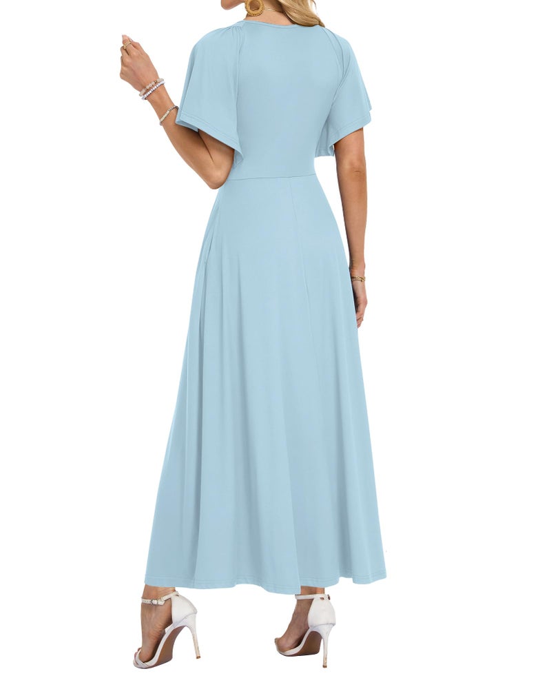 AUSELILY Summer Maxi Dresses Women 2026 Wrap Deep V Neck Flowy Beach Dresses Ruffle Sleeve Maternity Dress with Pockets Sky Blue L - Image 4