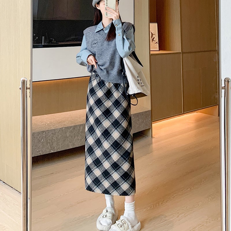 Woolen Hip Skirt Autumn and Winter New Arrival Long Skirt Womens All-Match High Waist Slimming Ace Retro Twill Plaid Skirt Black gray - Image 1