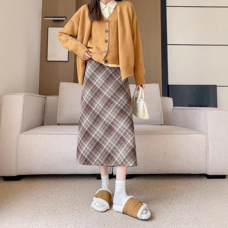 Woolen Hip Skirt Autumn and Winter New Arrival Long Skirt Womens All-Match High Waist Slimming Ace Retro Twill Plaid Skirt Black gray - Image 4