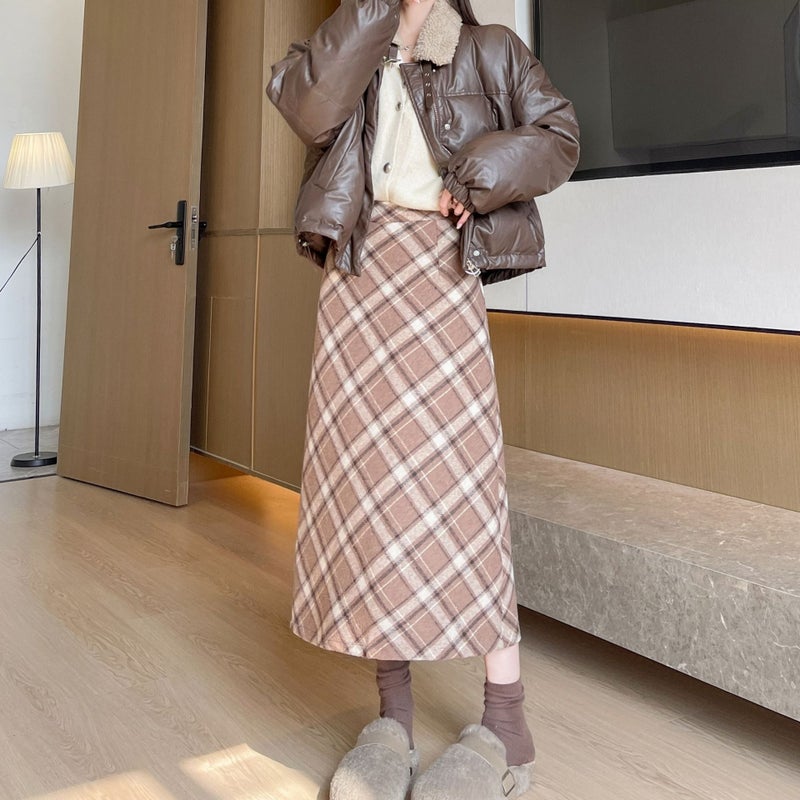 Woolen Hip Skirt Autumn and Winter New Arrival Long Skirt Womens All-Match High Waist Slimming Ace Retro Twill Plaid Skirt Black gray - Image 2