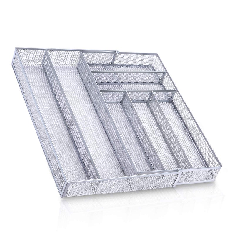 WuGeShop WuGeShop Mesh Drawer Organizer 7 Compartment Large Silverware Tray with AntiSlip Mat Adjustable Utensils Organizer 