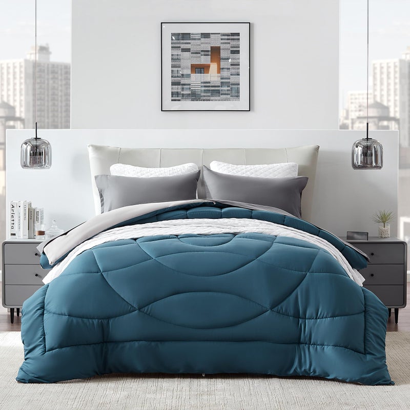 SLEEP ZONE Queen Comforter Duvet Insert Down Alternative Reversible Comforter Lightweight Soft and Breathable Bedding All Season A Side Teal  B Side Grey