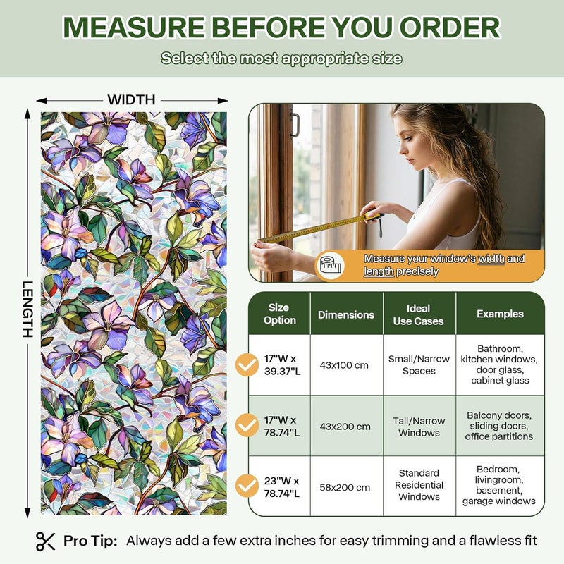 Aomkmi Purple Flower Window Privacy Films, Stained Glass Rainbow Floral Window Sticker Decor, Sun Blocking Removable Static Cling Film for Bathroom Living Room Bedroom Sunroof, 17 x 39.37 Inch - Image 2