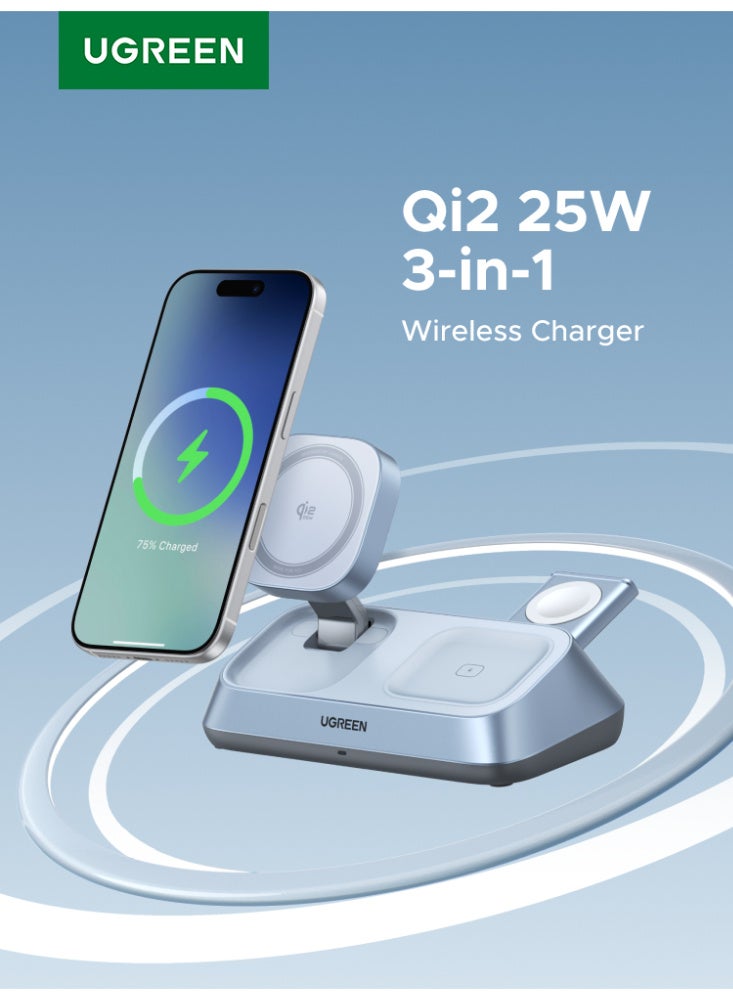 Ugreen Qi2 25W Wireless Charger 3 in 1, Foldable Portable Magsafe Charger for iPhone 17 Pro Max, 16-12 Series, AirPods, Apple Watch 10-6, Magnetic Charging Station With 45W PD Charger, 1M USB-C Cable - Image 1