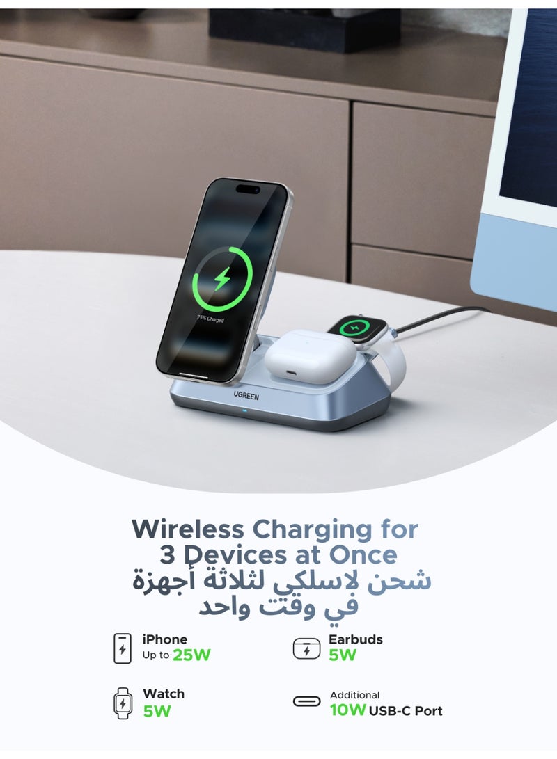 Ugreen Qi2 25W Wireless Charger 3 in 1, Foldable Portable Magsafe Charger for iPhone 17 Pro Max, 16-12 Series, AirPods, Apple Watch 10-6, Magnetic Charging Station With 45W PD Charger, 1M USB-C Cable - Image 3