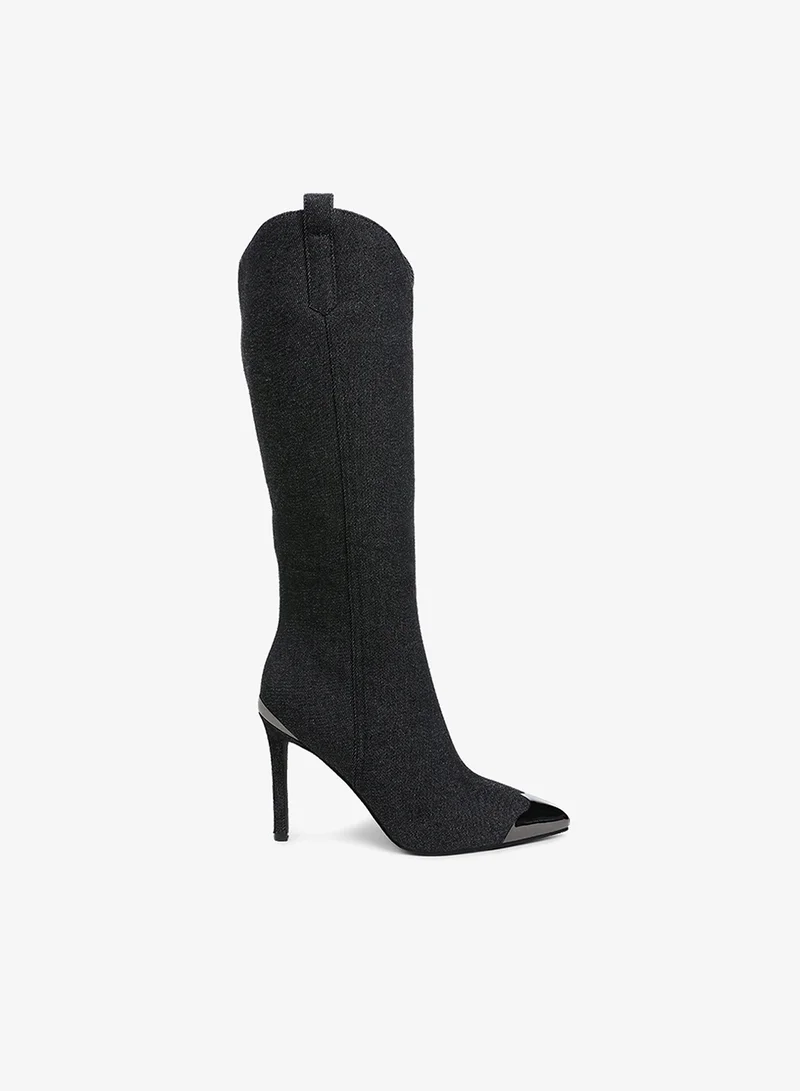 Metallic Cap Toe Denim Boots in Black