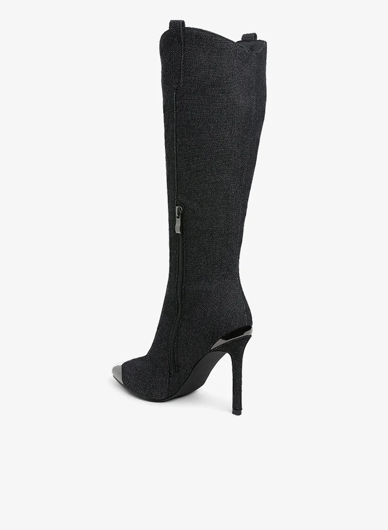 London Rag Metallic Cap Toe Denim Boots in Black