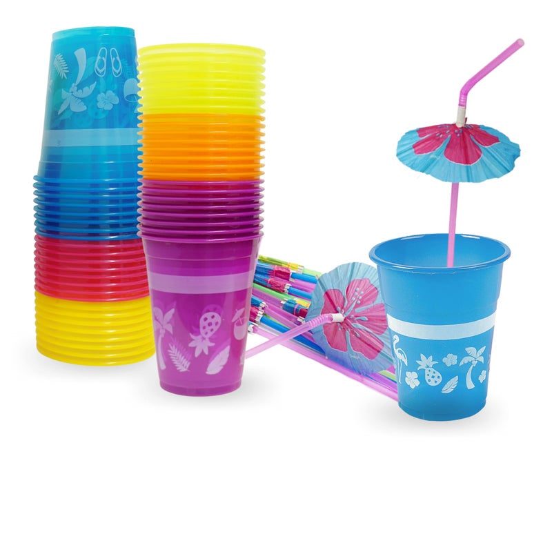 4Es Novelty 48 Packs Tropical Party Cups with Parasol Straws Disposable Plastic Cups 16oz BPA free for Hawaiian Luau Party and Pool Parties Beach Theme Birthday Decorations for Kids Adults