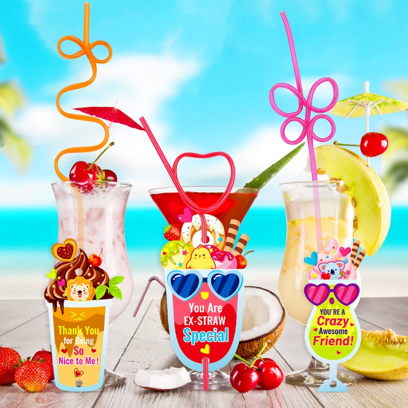 Qpout Qpout 32 Pack Valentines Day Cards for Kids Funny Gift Cards with Loops Reusable Drinking Straws for Boys Girls Classroom Exchange Valentines Party Favors and Party Prizes - Image 4