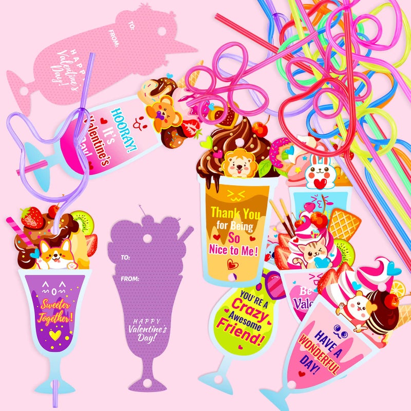 Qpout Qpout 32 Pack Valentines Day Cards for Kids Funny Gift Cards with Loops Reusable Drinking Straws for Boys Girls Classroom Exchange Valentines Party Favors and Party Prizes - Image 5
