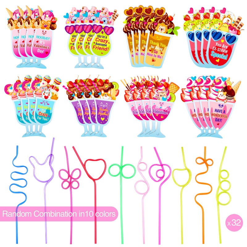 Qpout Qpout 32 Pack Valentines Day Cards for Kids Funny Gift Cards with Loops Reusable Drinking Straws for Boys Girls Classroom Exchange Valentines Party Favors and Party Prizes - Image 3