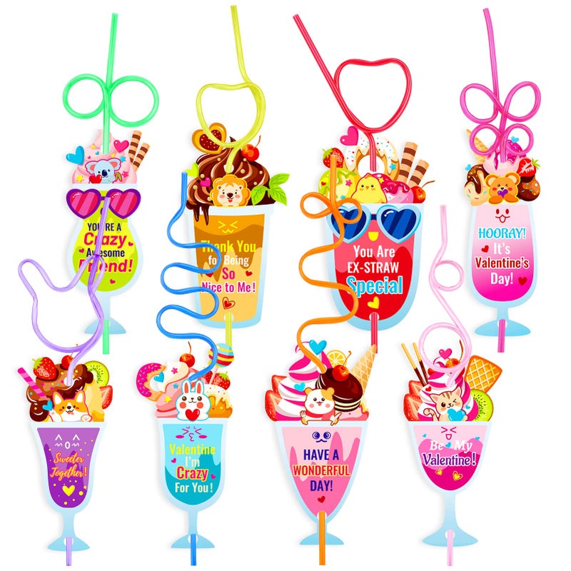 Qpout Qpout 32 Pack Valentines Day Cards for Kids Funny Gift Cards with Loops Reusable Drinking Straws for Boys Girls Classroom Exchange Valentines Party Favors and Party Prizes - Image 1