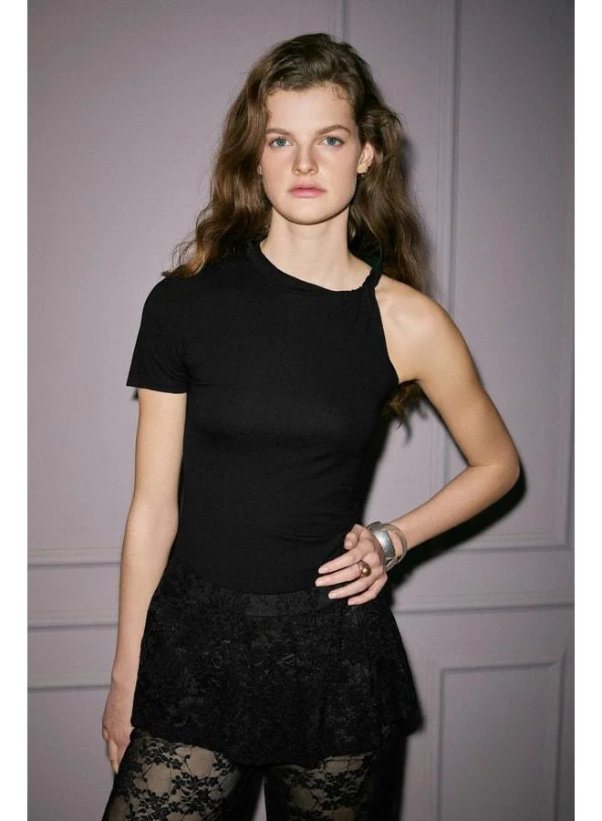 GRIMELANGE ORIGINEL Women's Soft and Stretch Fabric Shoulder-Knotted Slim Fit Black T-Shirt.