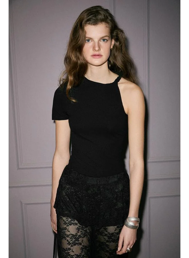 GRIMELANGE ORIGINEL Women's Soft and Stretch Fabric Shoulder-Knotted Slim Fit Black T-Shirt.
