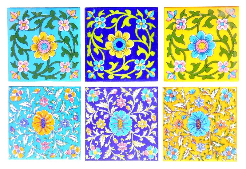Shiv Kripa Blue Pottery Home Decor Wall Mural Mosaic Tiles Ceramic Handmade Wall Decor Tiles 6 x 6 Inch Set of 6 Tiles Multi Color