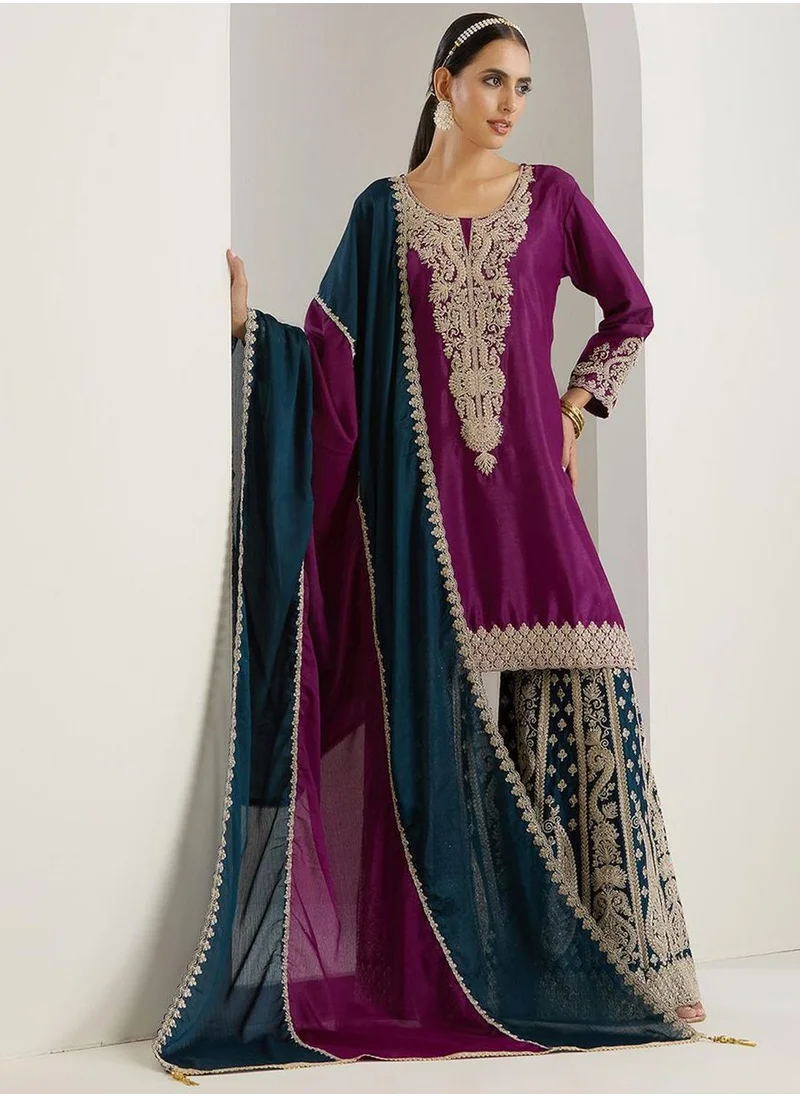 آي شين Women's Lilac Polyester Blend Embellished Tunic Full Length Palazzo Straight Fit Kurta Set