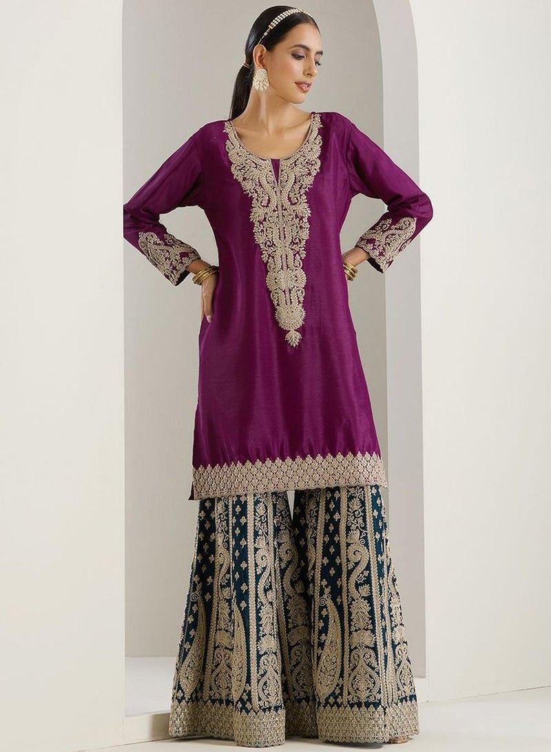 ISHIN Women's Lilac Polyester Blend Embellished Tunic Full Length Palazzo Straight Fit Kurta Set  - Image 5