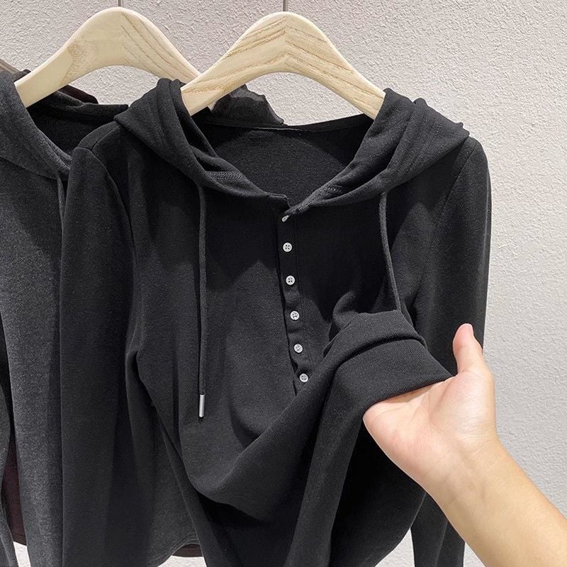 Self-heating Velvet Hoodie Long-sleeved fleece-lined Warm Base Shirt Autumn and Winter New Western Style Small Shirt All-match Top Trendy Black [cationic velvet fleece-lined warmth]]