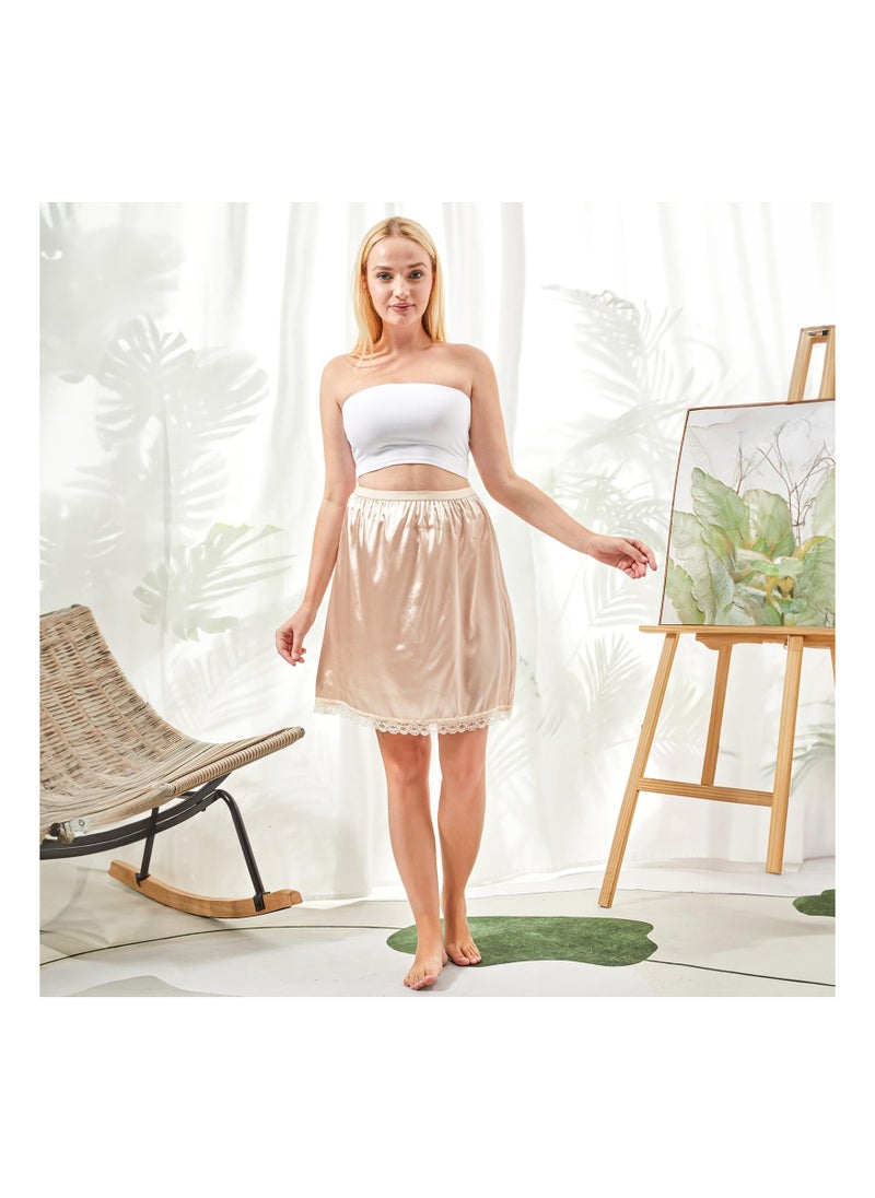 SYOSI - 3 Pieces Women's Satin Half Slip for Under Dresses 3 Kinds of Length, Half Slips for Women Underskirt Short Long Skirt with Floral Lace Trim Lace Patchwork Lining Skirt (19/27/35Inch, champagne color) - Image 1