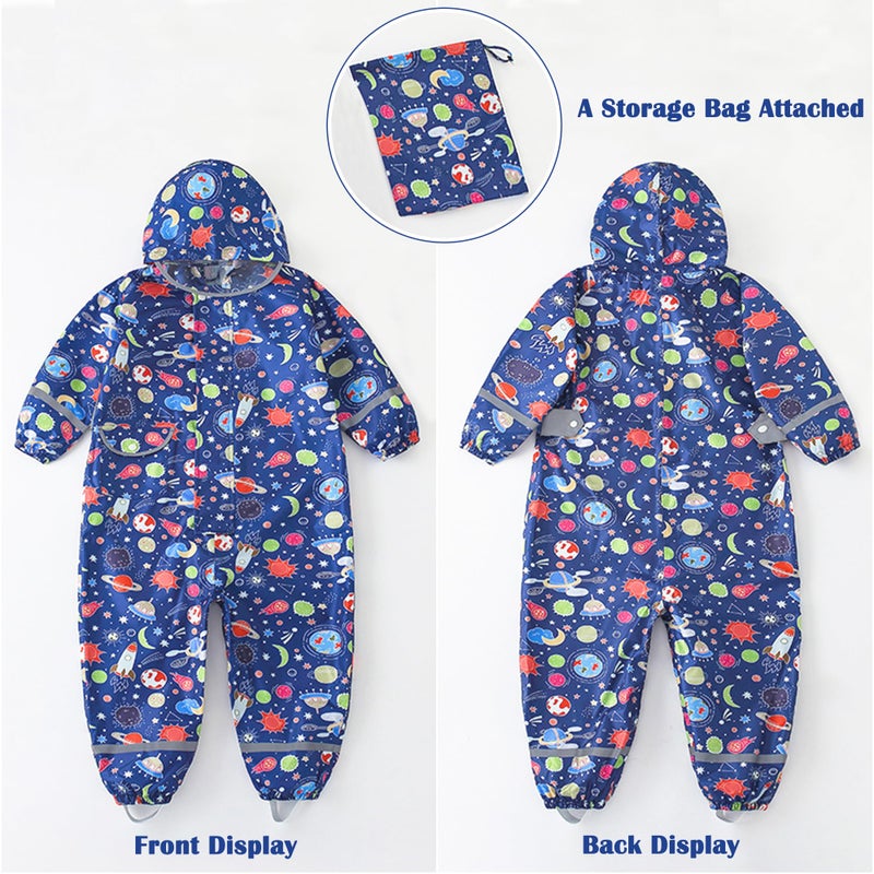 Fewlby Kids Rain Suit for Boys One Piece Hoodie Zipper Cartoon Waterproof Coverall Toddler Rain Jacket, 1-3 Years S Size - Image 5