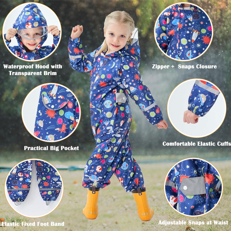 Fewlby Kids Rain Suit for Boys One Piece Hoodie Zipper Cartoon Waterproof Coverall Toddler Rain Jacket, 1-3 Years S Size - Image 2